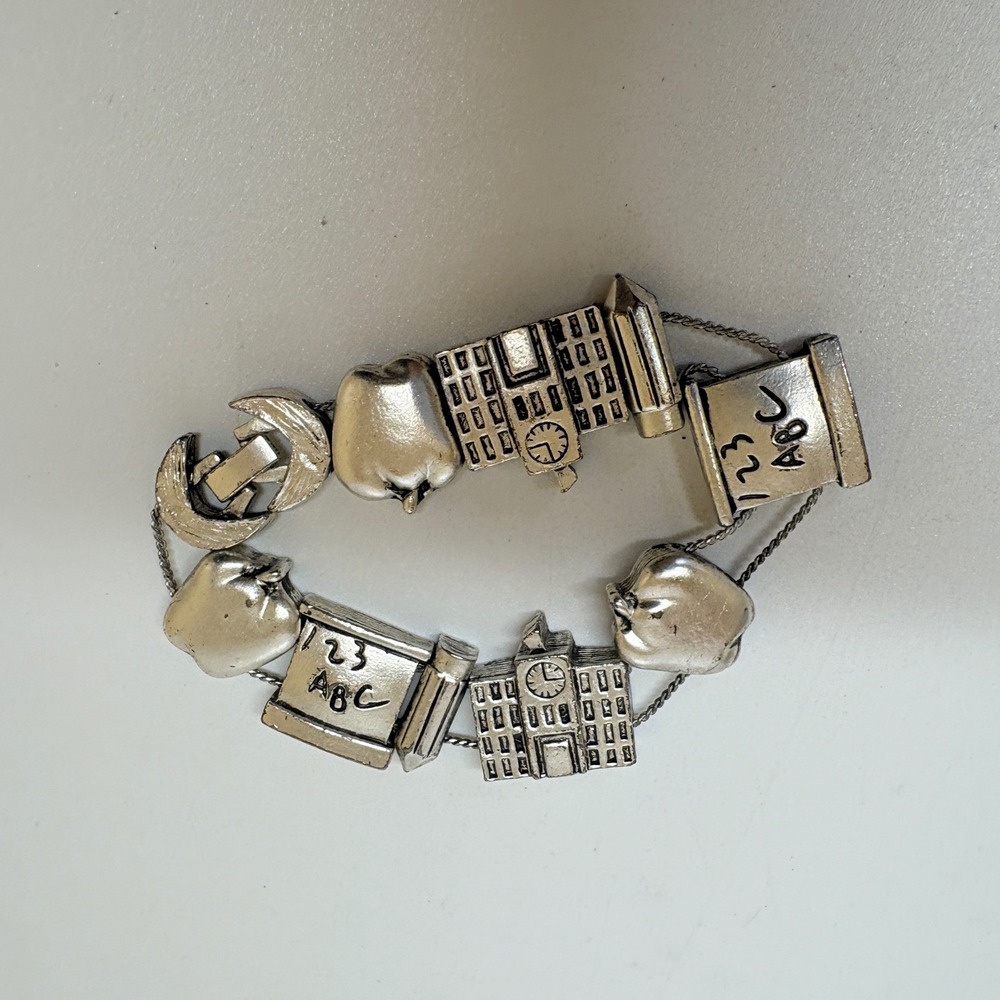 Silver Tone Back to School Teacher Charm Bracelet Apple Schoolhouse Pencil